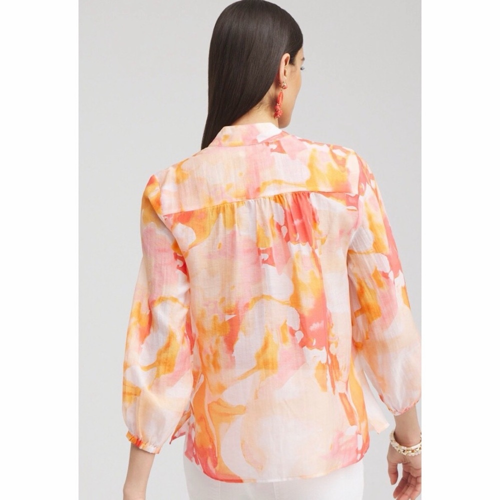 Chicos Pintuck Collar Shirt Watercolor Blend Alabaster Orange Pink Blouse 2 L 12 - Picture 2 of 9